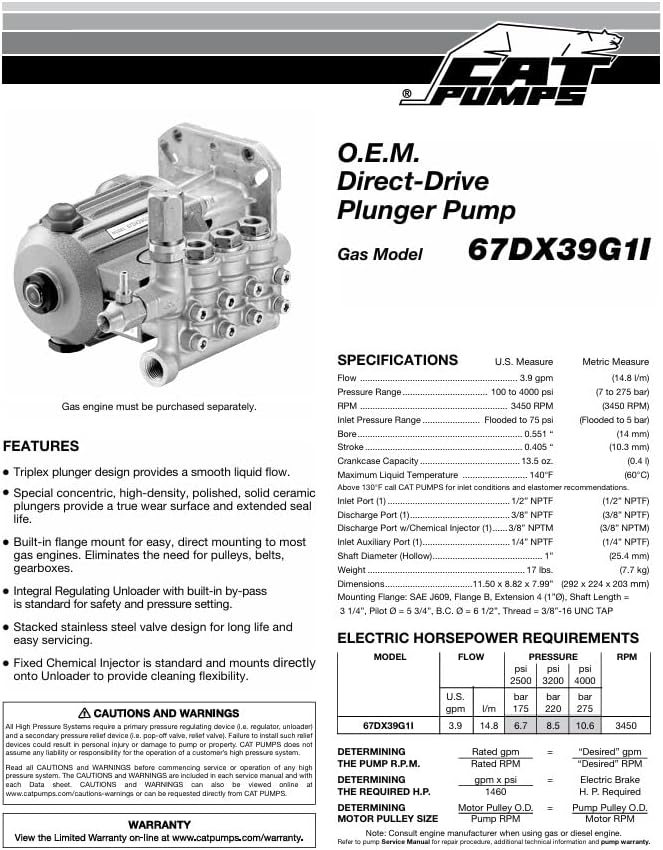 CAT Pumps 67DX39G1I - 4000 PSI 3.9 GPM (1" Shaft) Triplex Pressure Washer Pump with Adjustable Unloader and Chemical Injector - Image 4