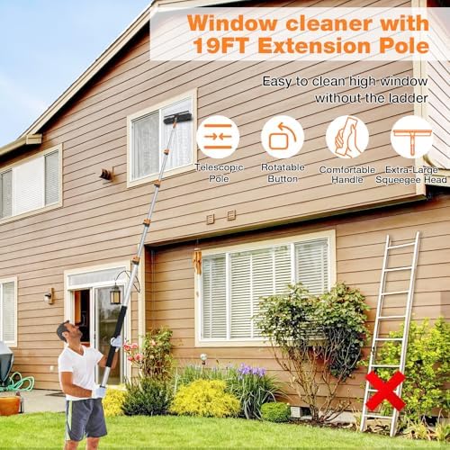 26Ft Window Squeegee with 5-19 FT Extension Poles, 2-in-1 Window Cleaning Kit with Telescopic Pole, Extra-Large 14" Window Squeegee Window Cleaner Tool with Adjustable Head, for High Window, Glass, RV - Image 4