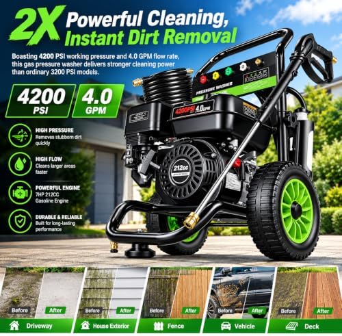 4200PSI 4.0GPM Gas Pressure Washer, Heavy Duty Power Washer, Commercial Gas Powered Pressure Washer for Driveways, Cars, Decks, Patios, Siding and Outdoor Cleaning (Dark Black) - Image 2