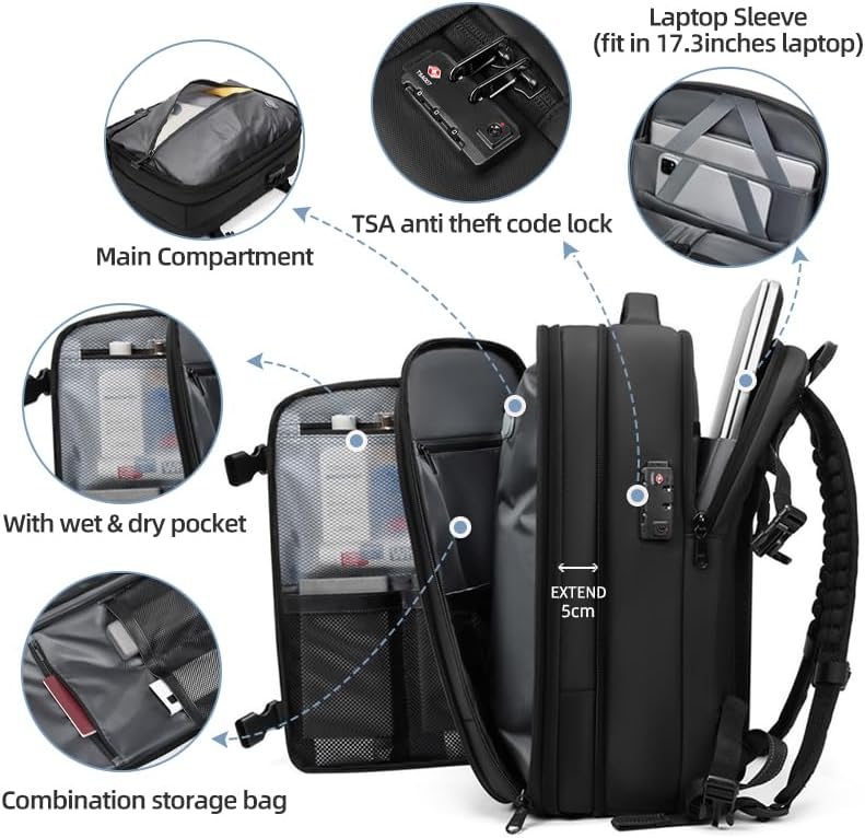 Men Travel Backpack vacuum compression Laptop Backpack Large Capacity Backpack 17 inch Extended Hiking Business backpack (black) - Image 3