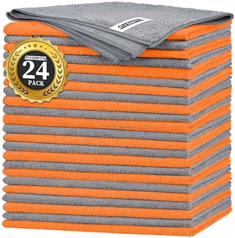 FIXSMITH Microfiber Cleaning Cloth -Pack of 24, Highly Absorbent Cleaning Rags(Grey&Orange), 16"X12" All Purpose Cleaning Towels for Housekeeping, Kitchen, Car, Reusable Microfiber Towels by FIXSMITH