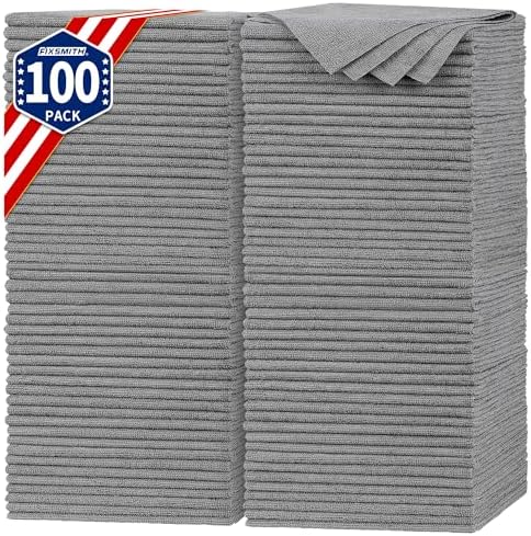 FIXSMITH Shop Towels, Pack of 100, Grey Microfiber Cleaning Cloth Bulk, Microfiber Towels for Cars, All-Purpose Absorbent Cleaning Rags, Dust Cloth for Automotive, Mechanic, Garage, 11.5 x 11.5 inch by FIXSMITH