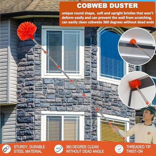 20+ Feet High Reach Duster Kit with 3-14 ft Extension Pole // High Ceiling Dusting and Window Cleaning Kit with Spliceable Pole - Window Washer & Squeegee, Cobweb Duster, Fan Blade and Feather Dusters - Image 6