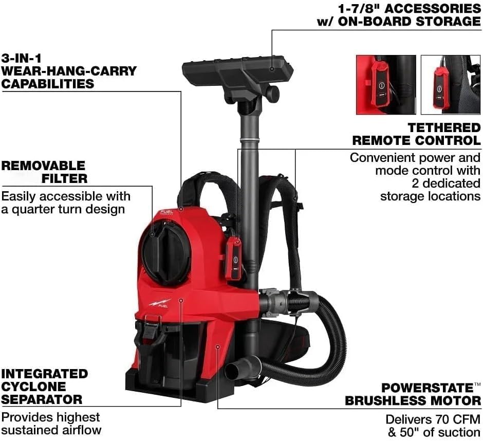 Vacuums for Milwaukee M18 Fuel 18V 3-in-1 Cordless Backpack Vacuum Ergonomic - Bare Tool,0895-20 - Image 4