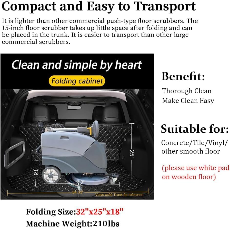 (EM-25) 15'' Brush Foldable Walk Behind Hand Push Floor Scrubber Machine, - Image 3
