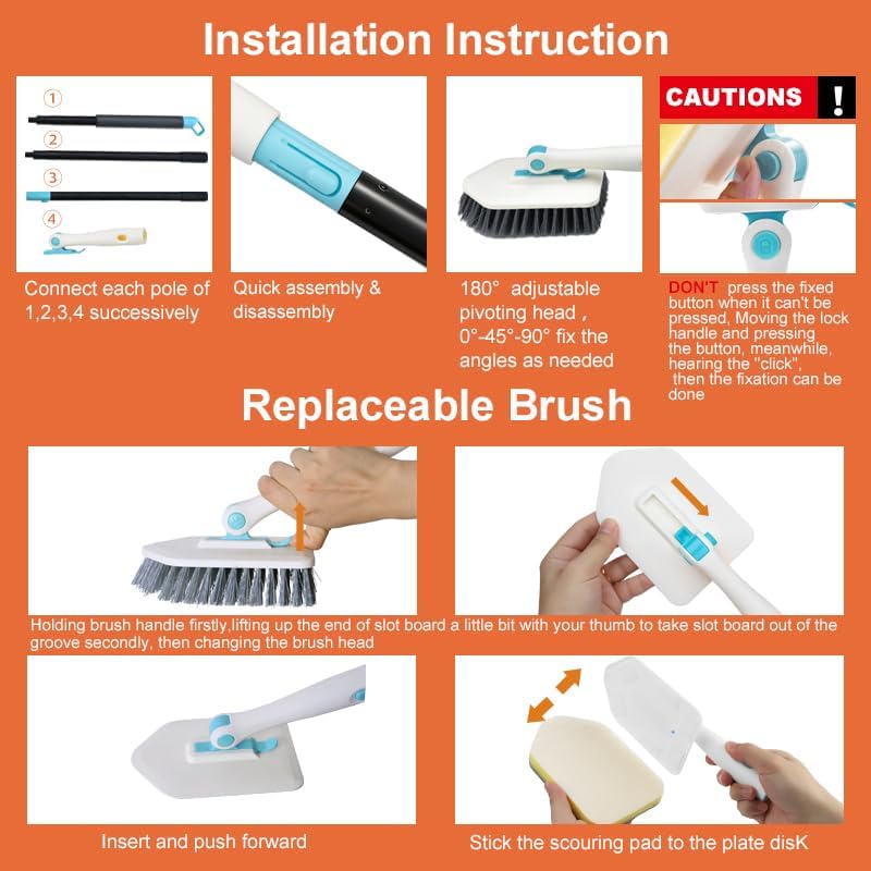 Long Handled Scrub Brush for Shower,3-in-1 Cleaning Brushes with 3 Different Function Cleaning Heads Brush for Shower Cleaning Bathroom Kitchen Walls Tub Tile (White) - Image 4