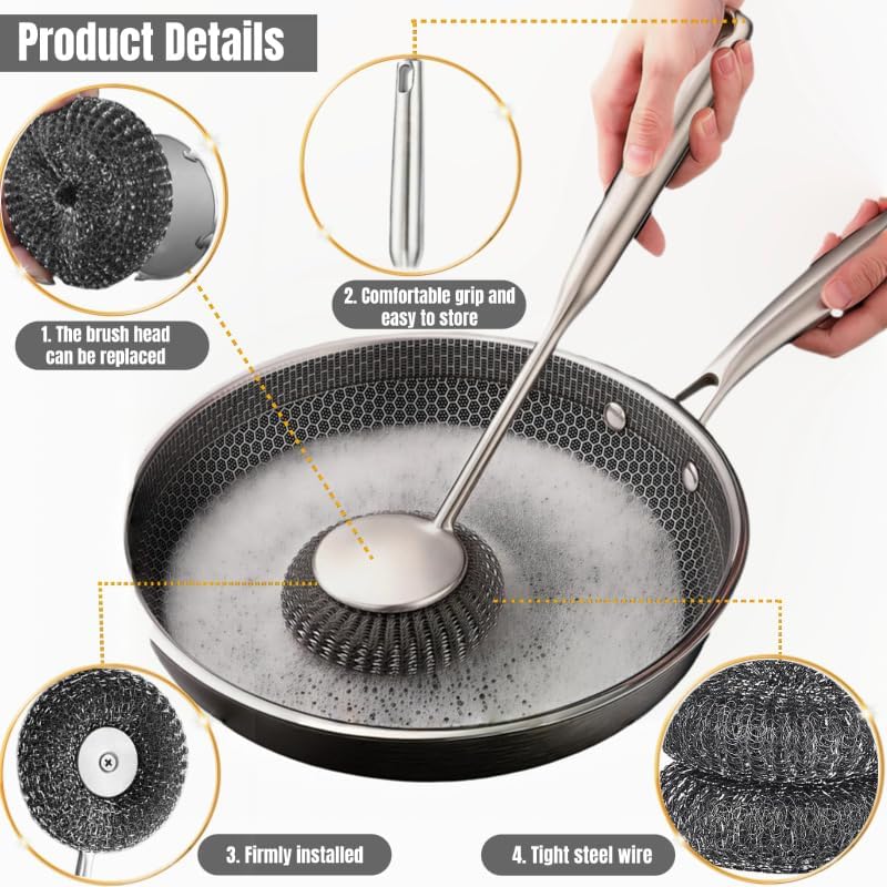Steel Wool Scrubber with Handle: 7Pcs Stainless Steel Scrubber Brush Set – 1 Long Brushes,1 Short Brushes,4 Replaceable Pads,1 Screwdriver for Home Cooks,BBQ Enthusiasts,Anti-Scratch,for Kitchen - Image 4