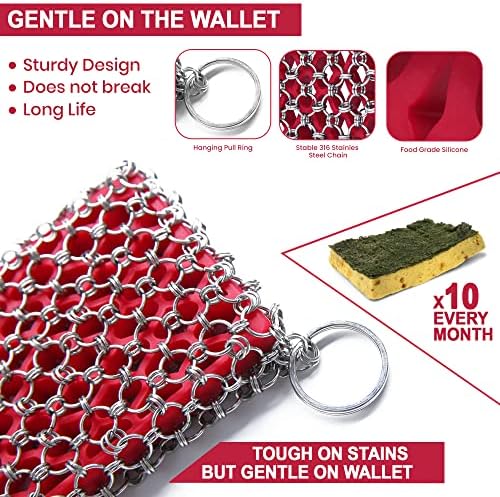 316L Cast Iron Scrubber Kit + Pan Scraper, Silicone Sponge, Dishwasher Safe - Image 3