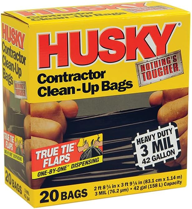 Husky HK42WC020B 42-Gallon Polyethylene Resin Contractor Clean-Up Bags, 20 Count, 2 ft 8.75in L x 3 ft 9.13 in W x 3 mil T, Black (Pack of 1) by Poly-America