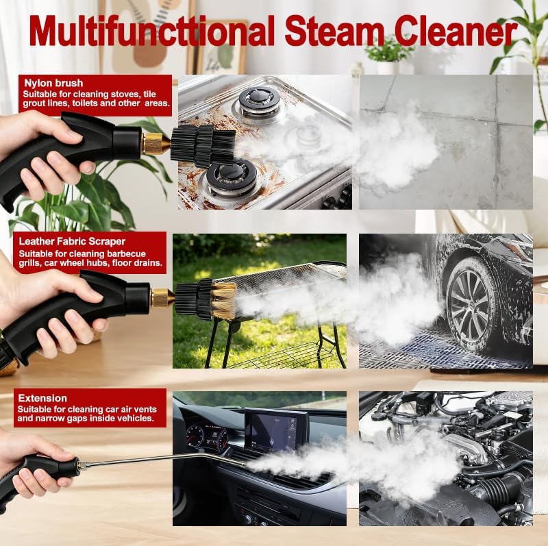 Steam Cleaner, Portable Pressurized Steamer for Cleaning with 14pcs Accessories, 6-Level Adjustable and 15s Heat-Up, Handheld Steam Cleaner for Home, Tile, Dirt, Grout, Grease, Car Detailing(Red) - Image 4