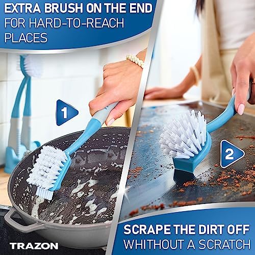 Dish Brush Set of 5 with Convenient Holder, Bottle Water Brush, Dish Scrub Brush, Scrubber Brush and Straw Brush - Kitchen Scrub Brushes Non Slip Long Handle for Sink Dishes Cup Pot - Image 3