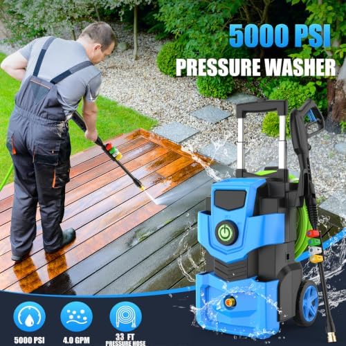 Adjustable Electric Pressure Washer 5000PSI with 33FT Flexible Hose, 4 Nozzles, Foam Cannon, Best Power Washer for Cars, Patios, Driveways, Blue - Image 3