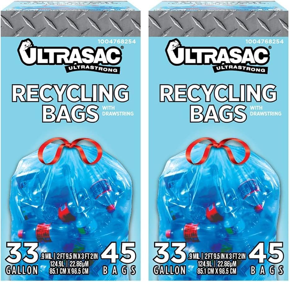 Ultrasac Blue Recycling Bags 33 Gallon 0.9 MIL,33.5" x 38" - - For Recycling,Kitchen,Industrial,& Commercial,45 Count (Pack of 2) by Ultrasac